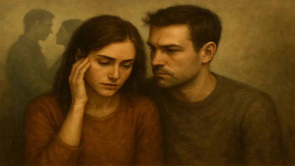 Casal se olhando de forma serena, representando a reconstrução da intimidade e da conexão após uma crise de ciúme retroativo.
