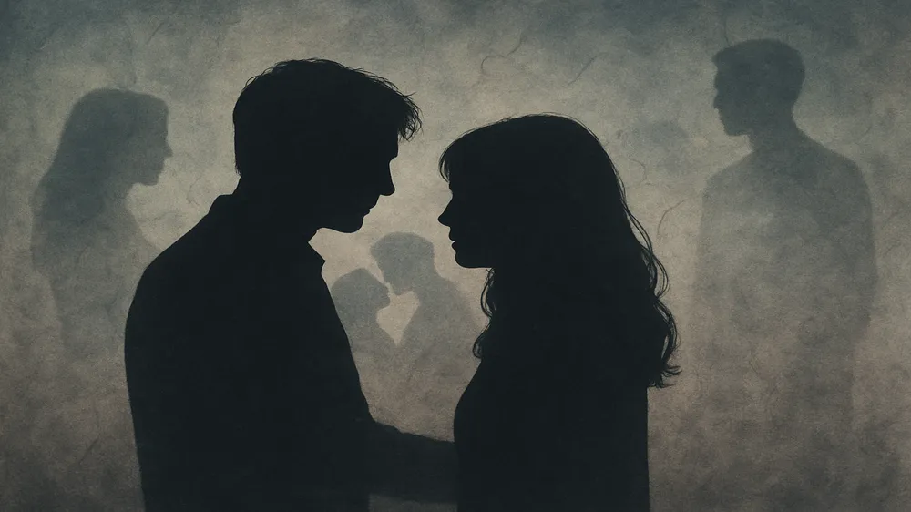 Casal abraçado em silhueta, simbolizando a superação do ciúmes retroativo e a reconstrução da confiança no relacionamento.