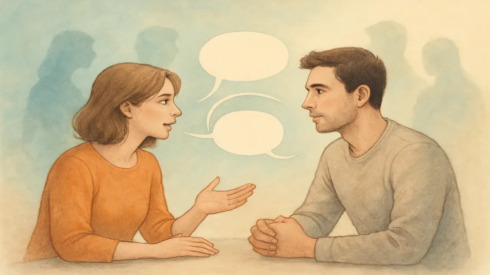 Casal conversando de forma calma e construtiva, representando a comunicação como chave para vencer o ciúme do passado no relacionamento.