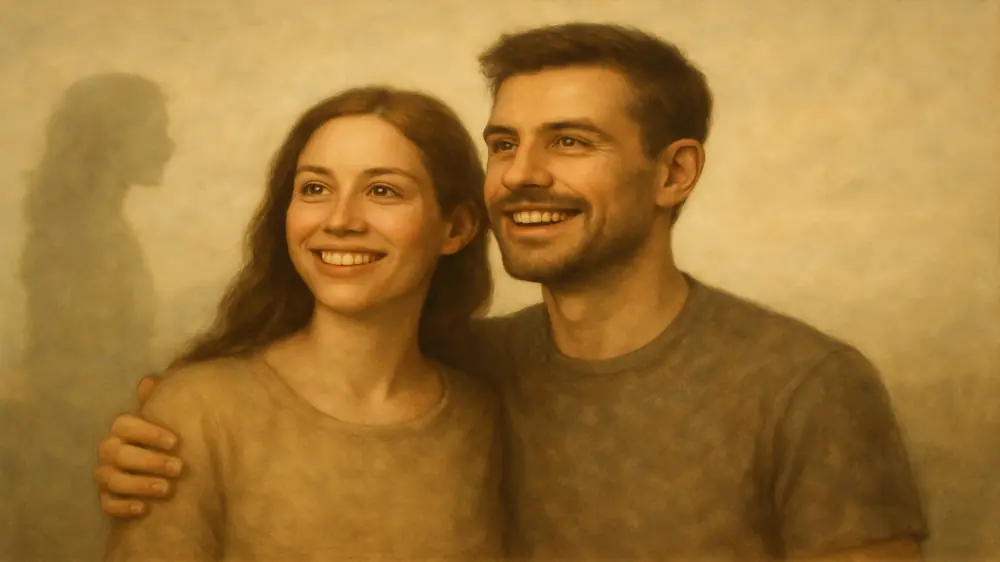 Casal sorrindo e olhando para o futuro juntos, representando o foco no presente para deixar o ciúme do passado para trás e construir um relacionamento saudável.