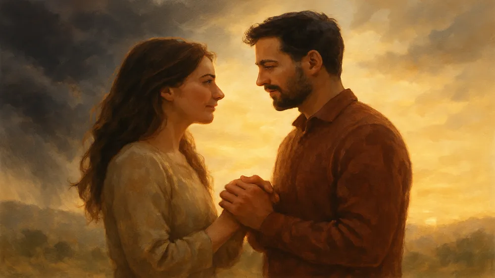 Casal se olhando com amor e cumplicidade, representando uma história de sucesso na superação do ciúme retroativo e a conquista da paz no relacionamento.