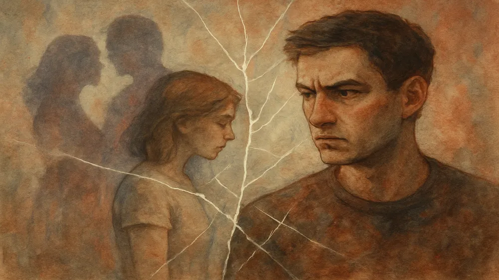 Homem com olhar desconfiado preso em uma teia de pensamentos, representando como o ciúme retroativo destrói a confiança no relacionamento.