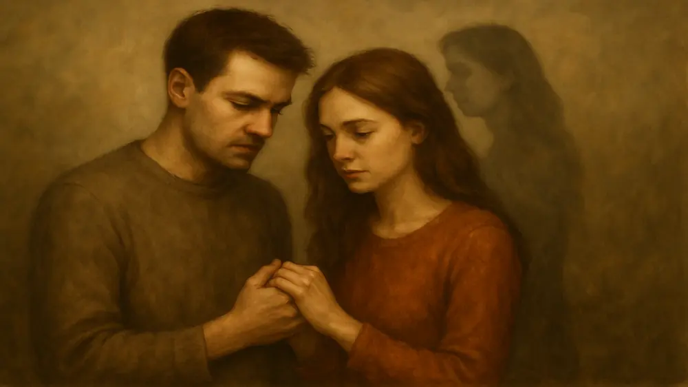 Casal de mãos dadas em um gesto de apoio, simbolizando como lidar com a presença do passado (o ex que vira fantasma) no relacionamento presente.