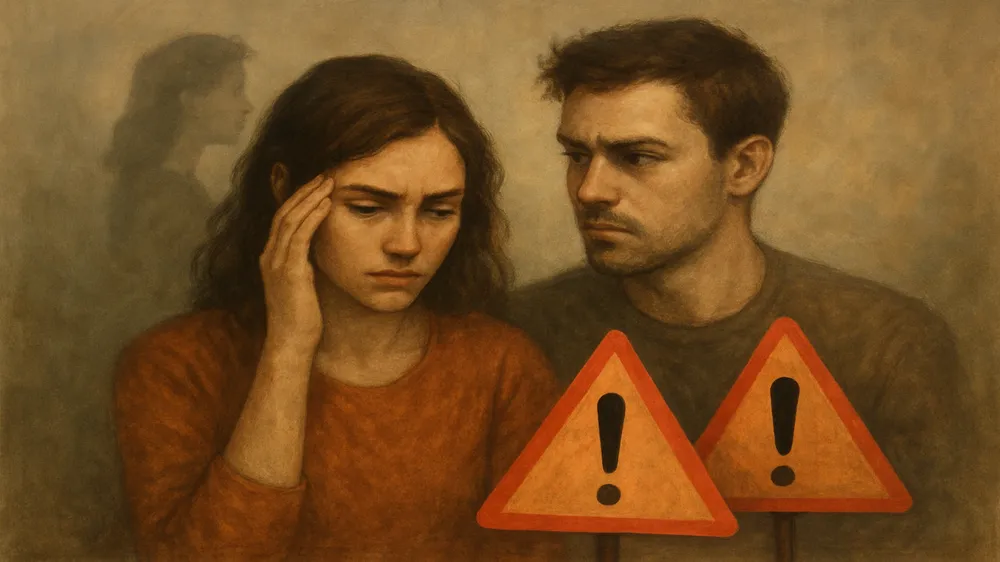 Casal em momento de tensão com um símbolo de alerta, representando os sinais do ciúmes retroativo em um relacionamento.