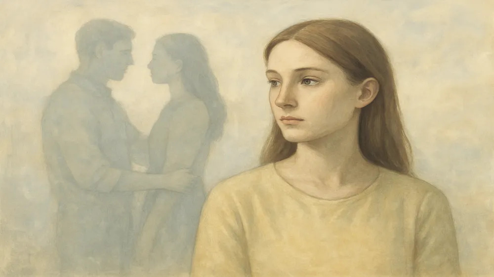 Mulher com olhar pensativo e triste, com silhuetas de outras pessoas ao fundo, representando a Síndrome de Rebecca e o ciúme do passado.