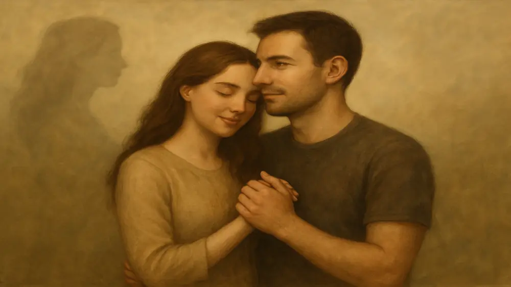 Casal feliz se abraçando, simbolizando a superação do ciúme retroativo e a conquista da liberdade emocional no relacionamento.