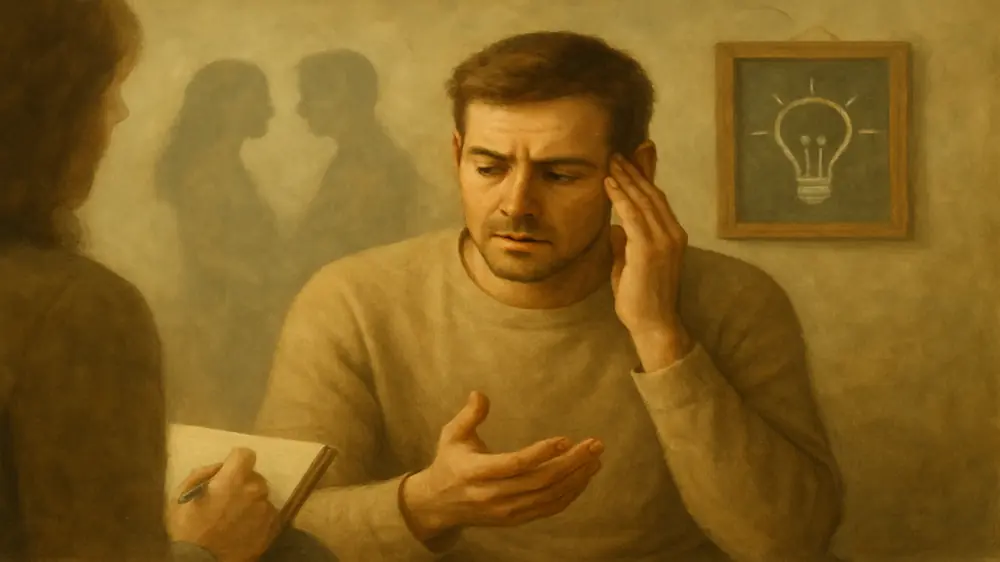 Homem angustiado com a mão na cabeça, representando o momento de buscar terapia para ciúme retroativo e ajuda profissional.