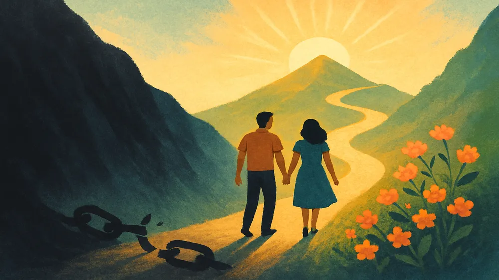 Casal de mãos dadas caminhando por um caminho iluminado em direção ao sol, simbolizando a jornada de cura do ciúmes retroativo e o renascimento do amor consciente.