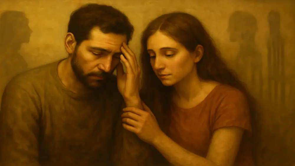 Casal refletindo sobre o passado, simbolizando o impacto da cultura e da sociedade na percepção emocional e no ciúmes retroativo.