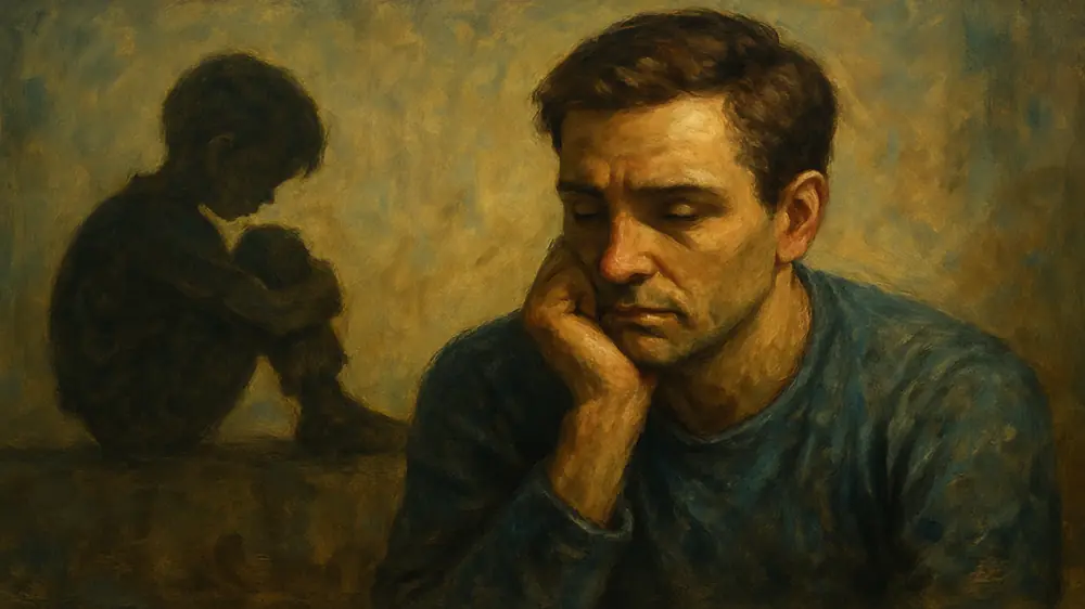 Homem pensativo com expressão de tristeza e sombra de uma criança ao fundo, simbolizando como experiências da infância influenciam o ciúmes retroativo e a insegurança adulta.