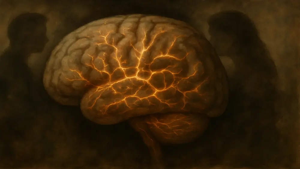 Ilustração de um cérebro humano iluminado por conexões elétricas, simbolizando a atividade neural associada ao ciúmes retroativo e aos processos obsessivos.