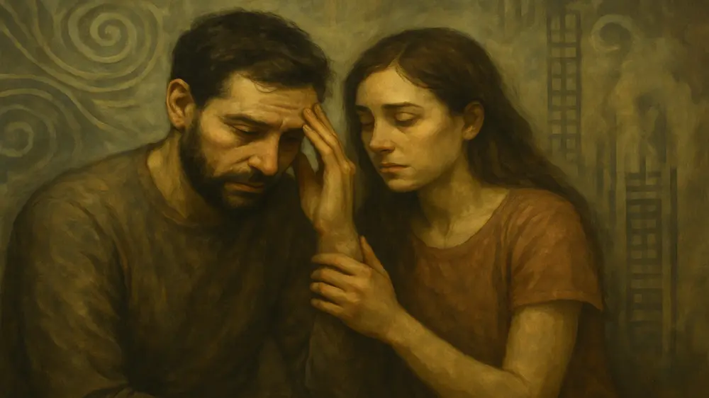 Casal em momento de tensão representando o impacto do ciúme retroativo na saúde mental, ansiedade e depressão.