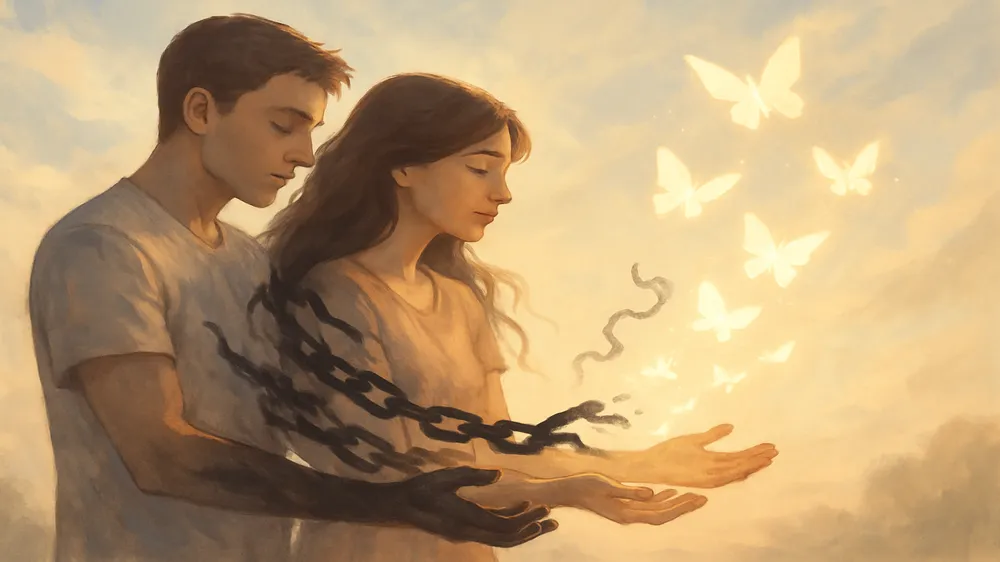 Casal se libertando de correntes escuras enquanto borboletas simbolizam o perdão e a cura emocional do ciúmes retroativo.